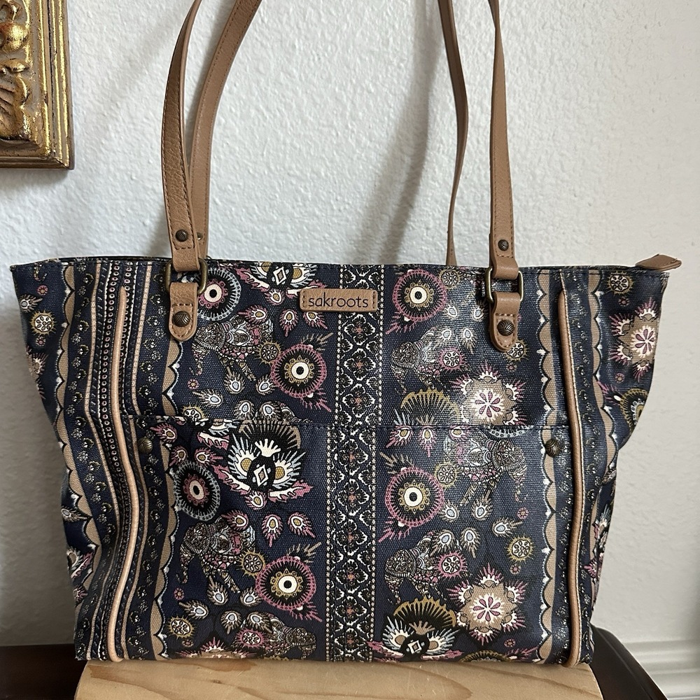 Sakroots Artist Circle Metro Tote Bag Navy Tapestry World Elephant Boho Purse